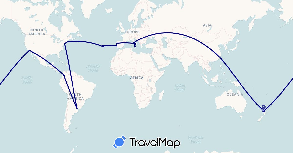 TravelMap itinerary: driving in Argentina, Colombia, Italy, New Zealand, Portugal, Taiwan, United States (Asia, Europe, North America, Oceania, South America)